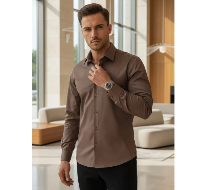 Pánská elegantní hladká hnědá košile REGULAR FIT FashionStreet DX2684