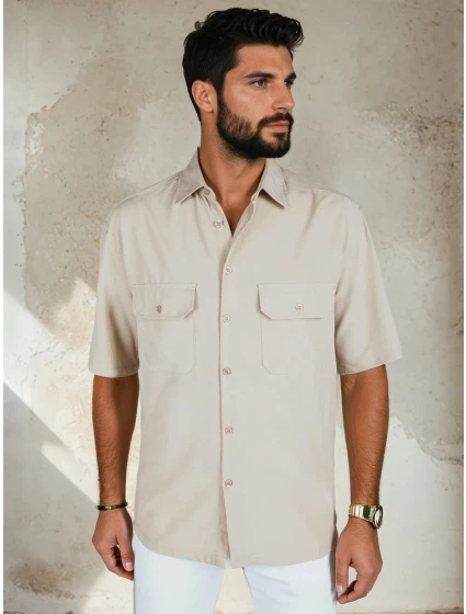 Pánská béžová košile s krátkým rukávem FashionStreet KX1082 Pánská béžová košile s krátkým rukávem FashionStreet KX1082