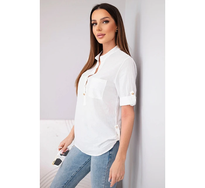 Dámská košilová bavlněná halenka s krátkým rukávem a kapsičkou bílá