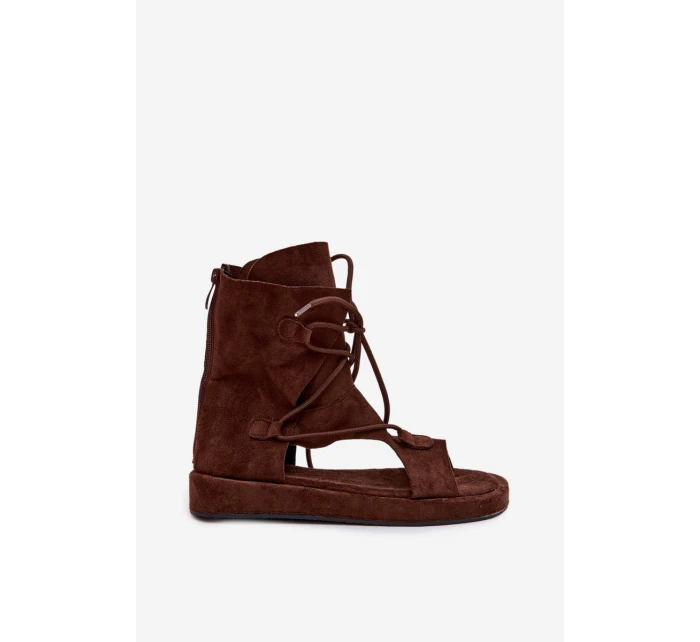 Dámské sandály Eko semiš s vysokým páskem a šněrováním Čokoládové Ferlisse