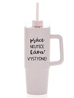 PRÁCE NEUTEČE, KÁVA VYSTYDNE! - růžový cestovní termohrnek s průhledným víčkem 900 ml