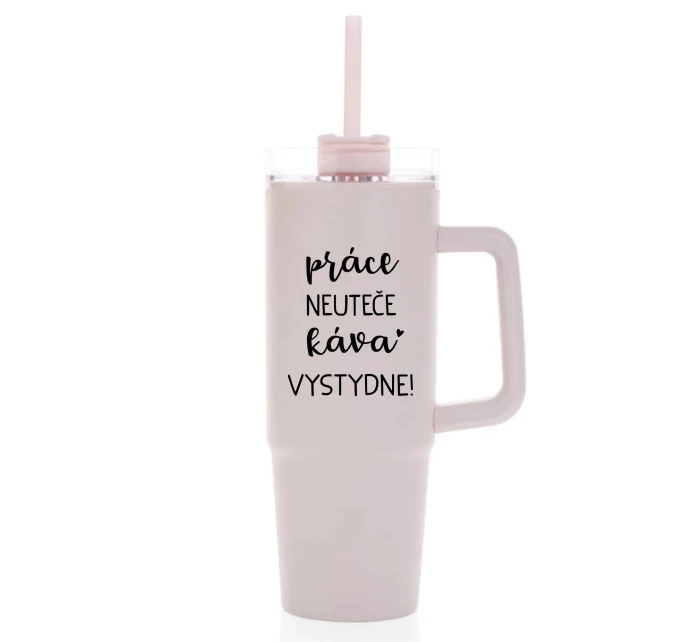 PRÁCE NEUTEČE, KÁVA VYSTYDNE! - růžový cestovní termohrnek s průhledným víčkem 900 ml  