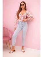 Dámská španělská halenka s květinovým vzorem, dlouhý rukáv světle růžová