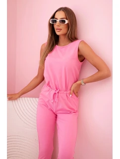 Dámský bavlněný overal bez rukávů s vázáním v pase světle růžový