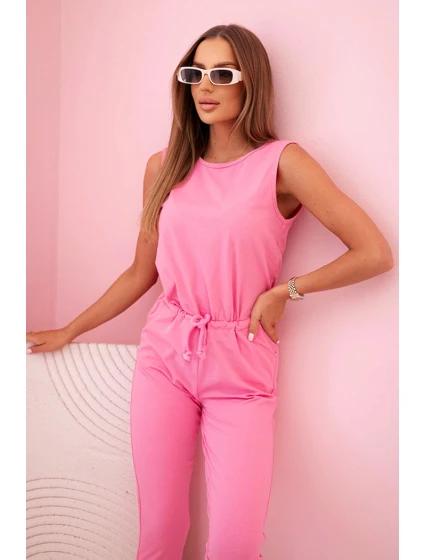 Dámský bavlněný overal bez rukávů s vázáním v pase světle růžový