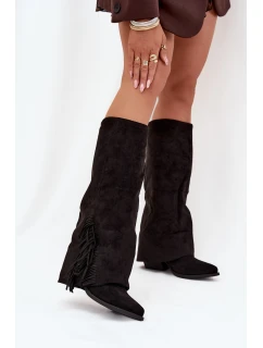 Zateplené Kozačky Kavalíři Dámské Na Podpatku S Třásněmi Černé Zalia