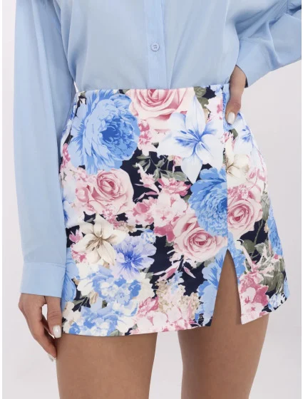 Světle modro-růžová květovaná krátká dámská šortko-sukně (A8933)