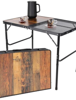 SKLÁDACÍ KEMPINGOVÝ STŮL 90X60X36-68CM OCELOVÉ PLETIVO DŘEVO