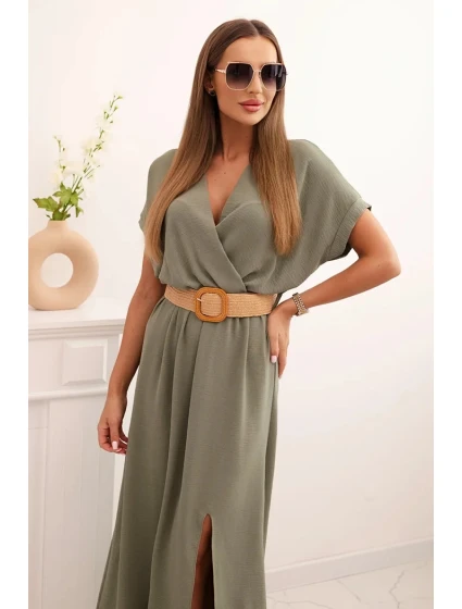 Dlouhá šaty s ozdobným pásem jasné khaki