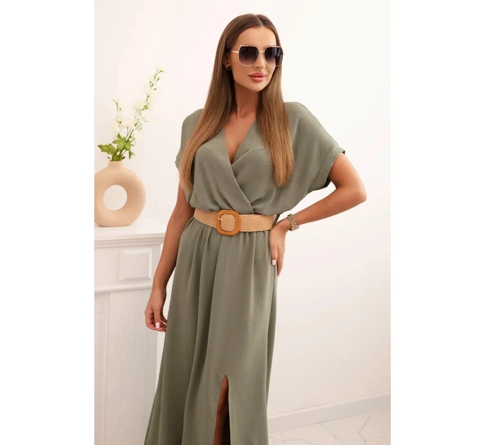 Dlouhá šaty s ozdobným pásem jasné khaki