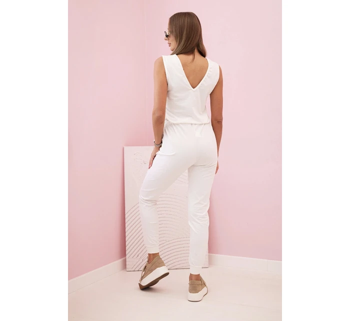 Dámský bavlněný overal bez rukávů s vázáním v pase ecru