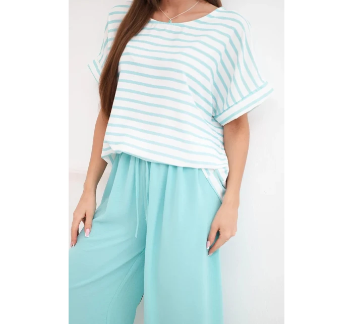 Dámský viskózový komplet s pruhovanou blůzou a širokými kalhotami s gumou mátový