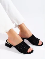 Trendy černé dámské  nazouváky na širokém podpatku