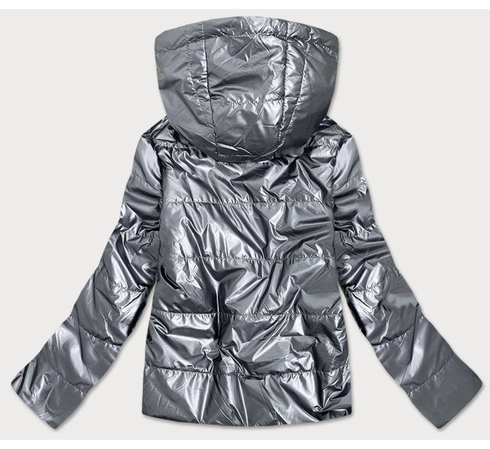 Stříbrná lesklá dámská bunda s kapucí (B9575)