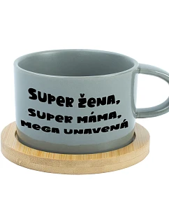 SUPER ŽENA, SUPER MÁMA, MEGA UNAVENÁ. - šedý hrníček makronka 200 ml