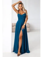 model 21848973 Dlouhé večerní šaty bez ramínek s rozparkem na nohou námořnické barvy - numoco basic