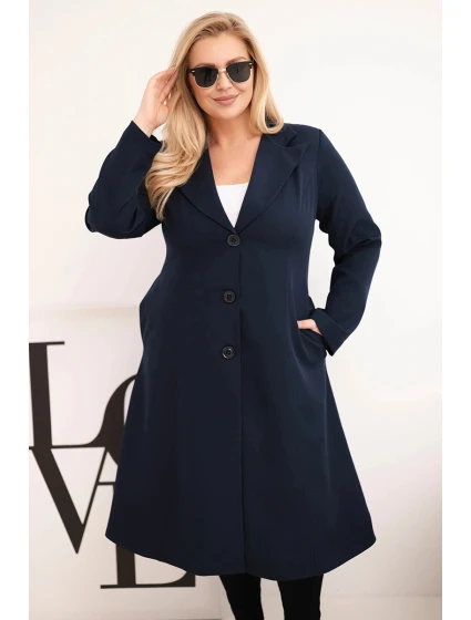 Dámský kabát Plus Size klasický s knoflíky a límečkem modrý