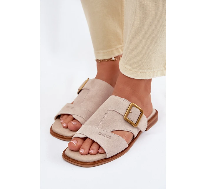 Semišové dámské nazouváky na plochém podpatku s přezkou Big Star TT274476 Béžové