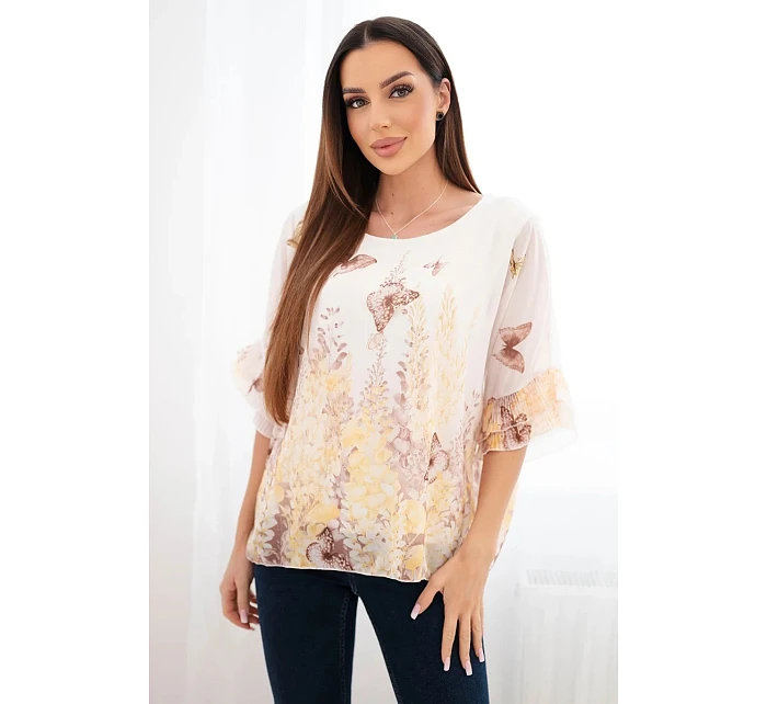 Dámská halenka s plisovaným rukávem a potiskem žlutá