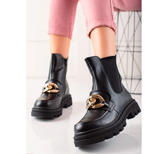 Designové dámské  kotníčkové boty černé na plochém podpatku