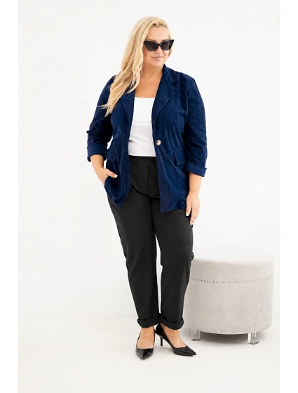 Dámské sako Plus Size manšestrové s klopami a kapsami modrá Dámské sako Plus Size manšestrové s klopami a kapsami modrá