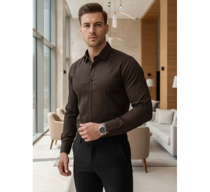 Pánská elegantní hladká tmavě hnědá košile SLIM FIT FashionStreet DX2679 Pánská elegantní hladká tmavě hnědá košile SLIM FIT FashionStreet DX2679