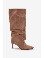 Dámské zateplené kozačky na jehlovém podpatku Mavella – béžové, eko semiš Dámské zateplené kozačky na jehlovém podpatku Mavella – béžové, eko semiš