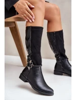 Zateplené Kozačky Na Ploché Podpatku S Ozdobnou Přezkou Černé Leatharia Zateplené Kozačky Na Ploché Podpatku S Ozdobnou Přezkou Černé Leatharia