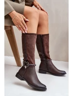 Zateplené Kozačky Na Plochém Podpatku S Přezkou Hnědé model 21881041 - Kesi