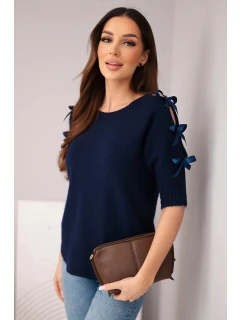 Dámský svetr s krátkým rukávem a ozdobnými mašlemi granátový