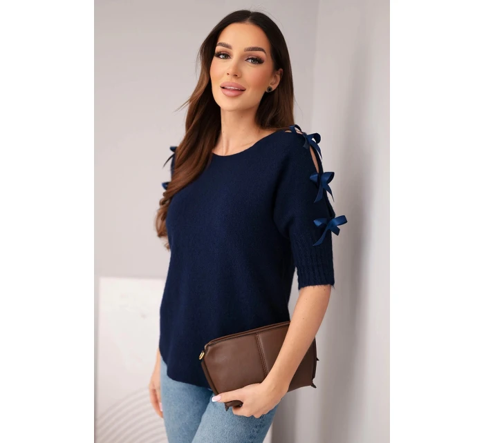 Dámský svetr s krátkým rukávem a ozdobnými mašlemi granátový Dámský svetr s krátkým rukávem a ozdobnými mašlemi granátový