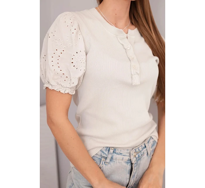 Dámská žebrovaná bavlněná halenka s nadýchaným rukávem a knoflíčky béžová