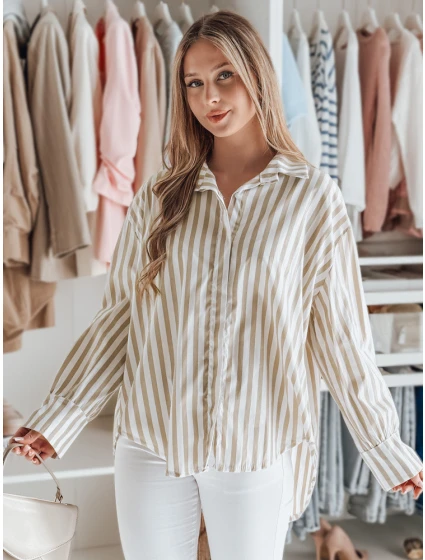 Dámské oversize tričko s prodlouženým zadním dílem SAMONE v béžové barvě s bílými pruhy FashionStreet DY0463