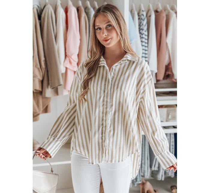 Dámské oversize tričko s prodlouženým zadním dílem SAMONE v béžové barvě s bílými pruhy FashionStreet DY0463