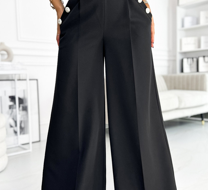 Elegantní černé dámské široké kalhoty s vysokým pasem a zlatými knoflíky 496-1