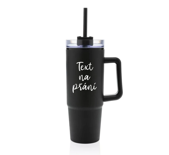 TEXT NA PŘÁNÍ - černý cestovní termohrnek s průhledným víčkem 900 ml  