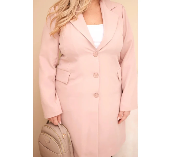 Dámský kabát Plus Size dlouhý s límcem a kapsami tmavě pudrově růžový