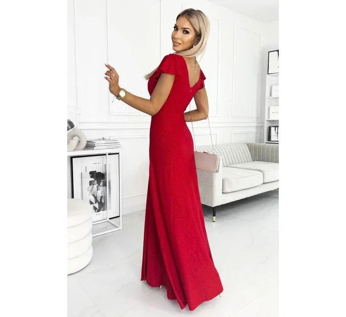 411-2 CRYSTAL lesklé dlouhé šaty s výstřihem - ČERVENÉ