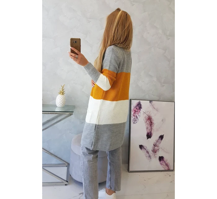 Šedý+hořčičný pruhovaný svetr