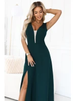 648-1 Módní maxi šaty s rozparkem na nohavicích - lahvově zelené