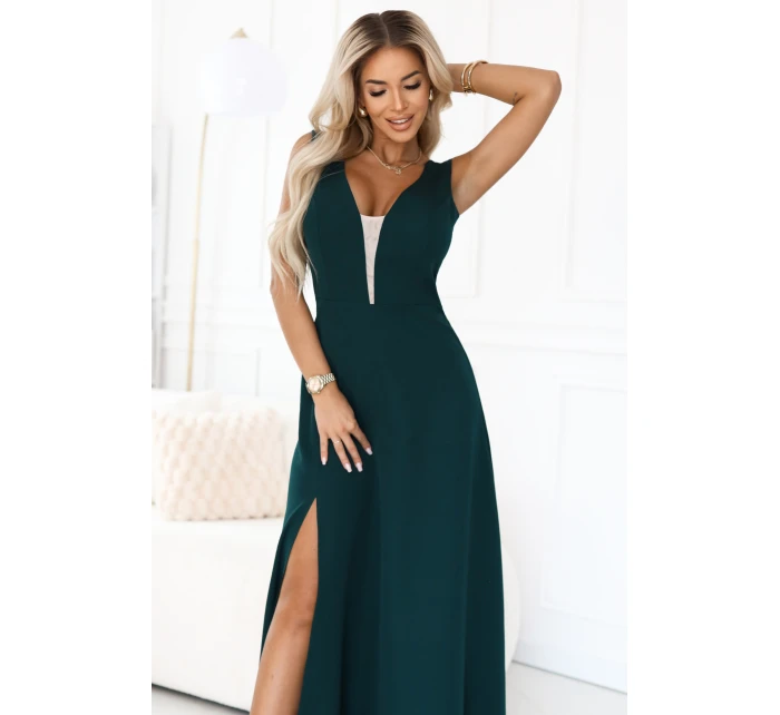 648-1 Módní maxi šaty s rozparkem na nohavicích - lahvově zelené