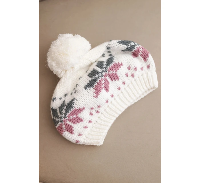 Dámská zimní čepice vlněná s motivem sněhových vloček a pomponem K457 bílá