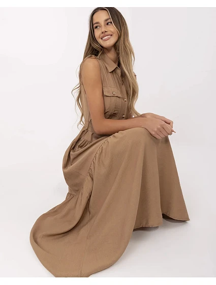 Tmavě béžové elegantní dámské maxi šaty model 21214410 - Factory Price Tmavě béžové elegantní dámské maxi šaty model 21214410 - Factory Price
