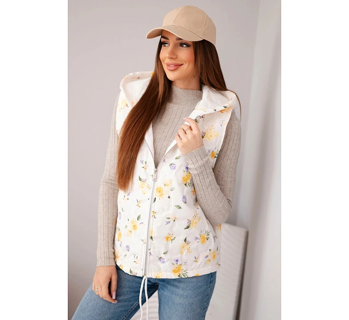 Dámská prošívaná vesta s kapucí s květinovým vzorem žlutá