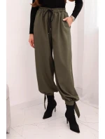 Dámské kalhoty s širokým nohavicí a vázáním dole khaki Dámské kalhoty s širokým nohavicí a vázáním dole khaki