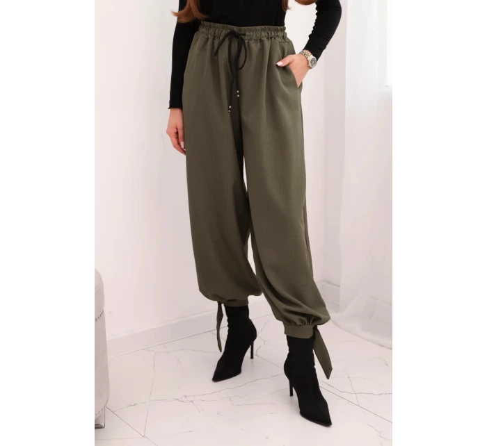 Dámské kalhoty s širokým nohavicí a vázáním dole khaki Dámské kalhoty s širokým nohavicí a vázáním dole khaki