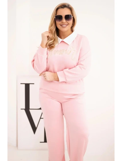 Dámský komplet máslo Plus Size se širokými nohavicemi a límečkem světle růžový