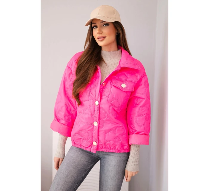 Dámská jarní prošívaná bunda s květinovým vzorem růžový neon