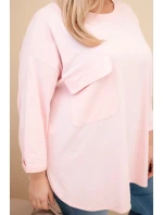 Dámská blůza Plus Size s bavlnou, kapsou a ohrnutým rukávem pudrově růžová