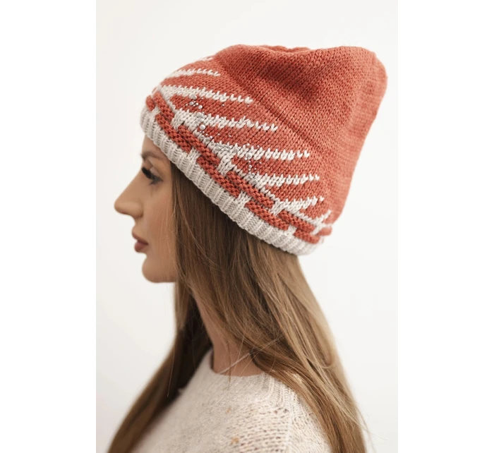 Dámská zimní čepice vlněná s krystaly a vzorem model 21859363 mocca - K-Fashion